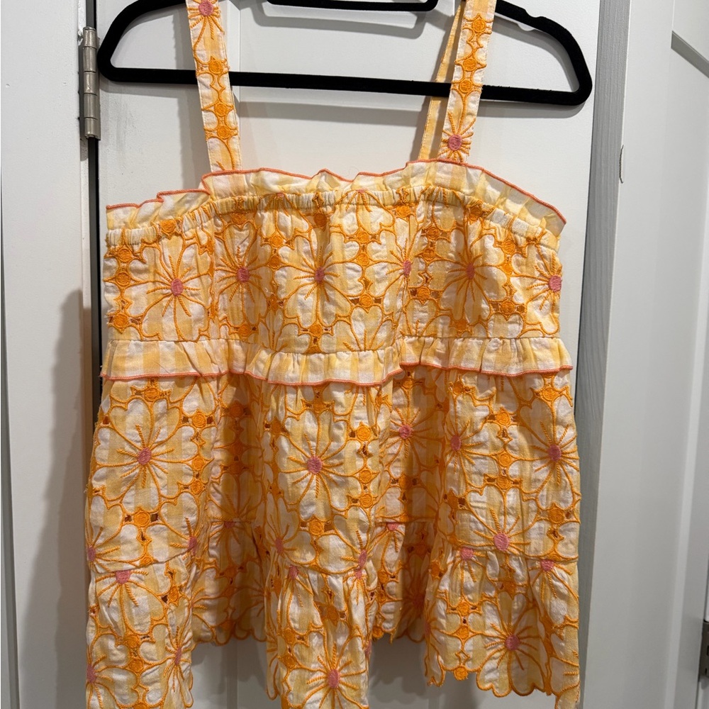 Anthropologie Floral Embroidered Tank Top - Orange and Pink